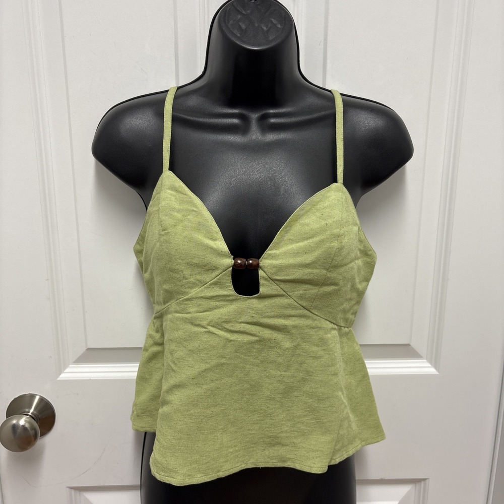 Sim & Sam Olive Green Spaghetti Strap Linen Cami Top With Wooden Bead - Size Med